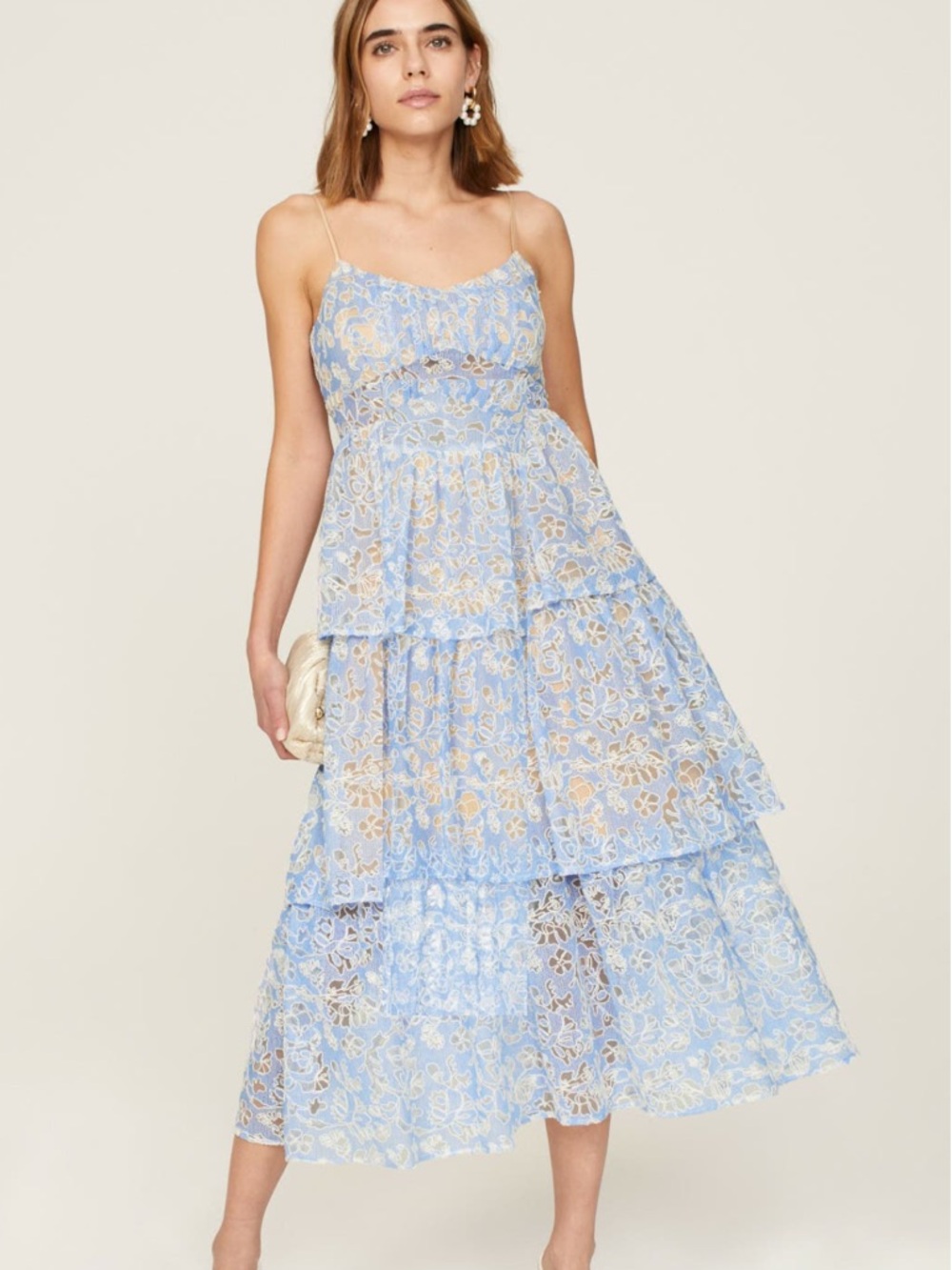 Likely Blue and Cream Lace Tiered Midi Dress